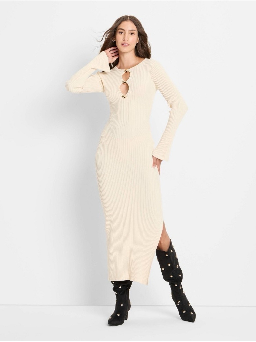 Long-Sleeve Cream Ribbed Maxi Dress with Front Ring Accent b242